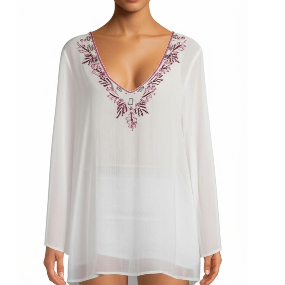Katerine New York Blouse Size M White Embroidered Sheer V-Neck Boho Festival
